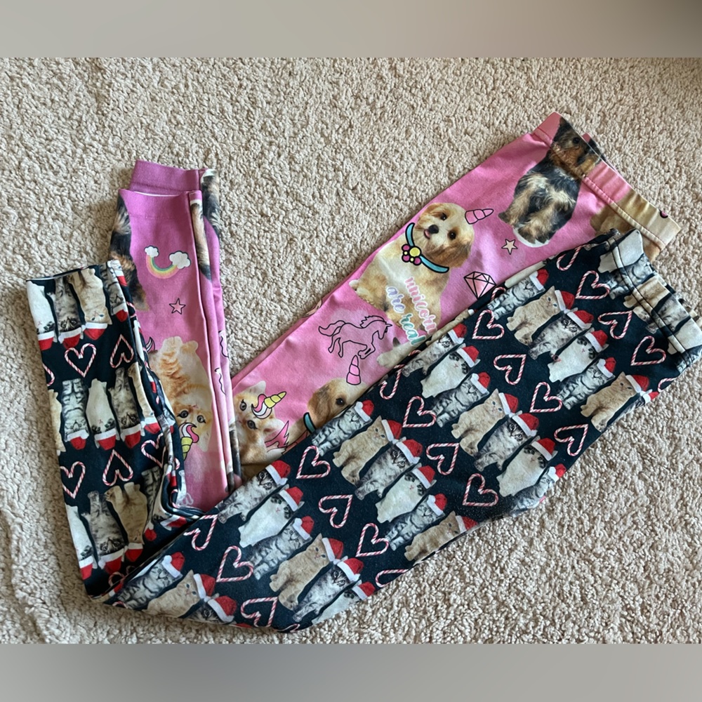 Girls Holiday Novelty Leggings Bundle (Set of 2) Kitties & Puppies Size M/L